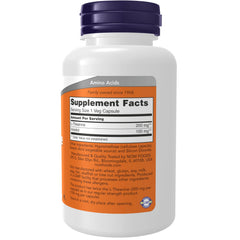 NOW Foods L-Theanine 200 mg bottle front view, promotes tranquil alertness for daily balance.