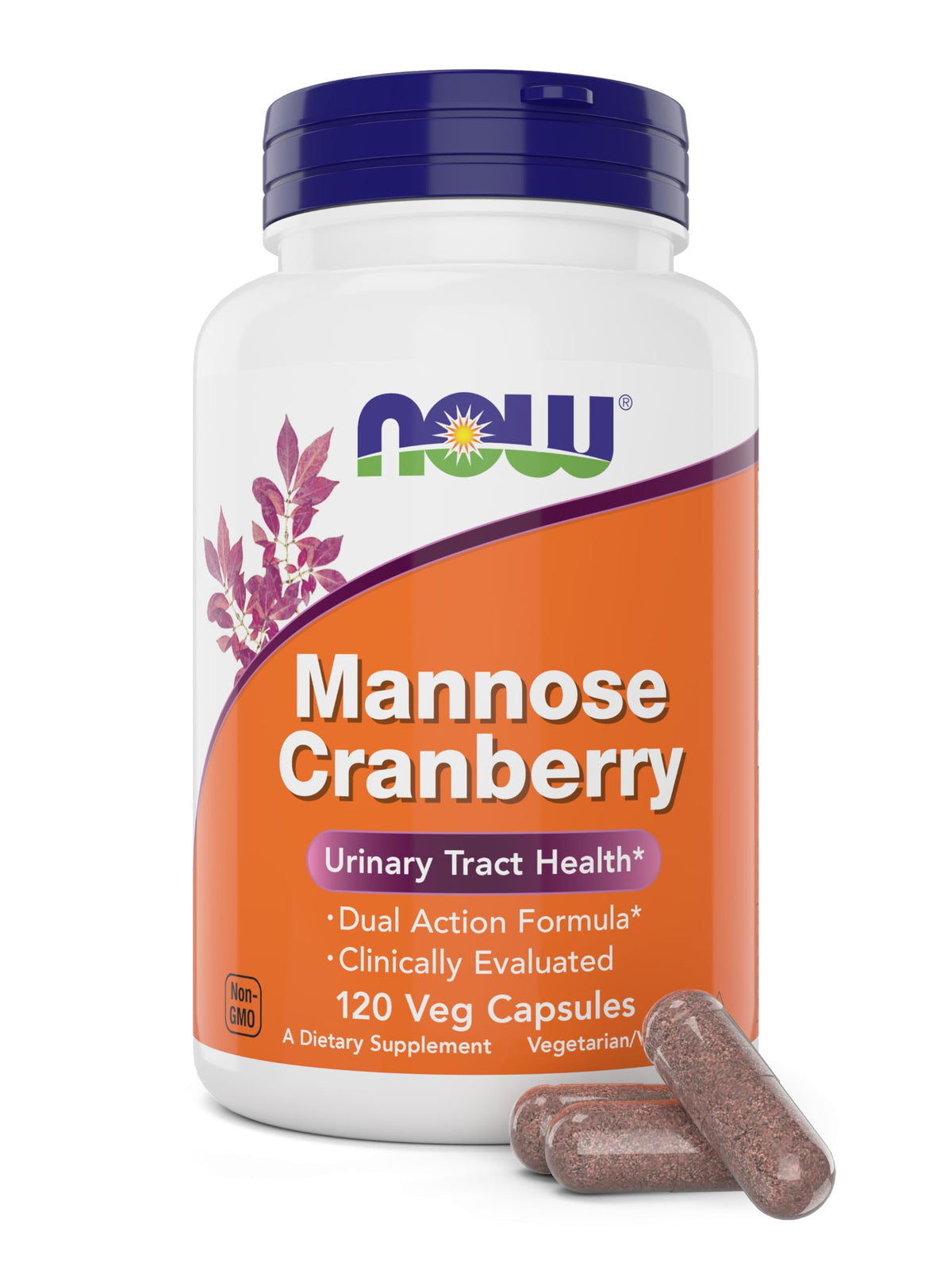 NOW Foods Mannose Cranberry bottle showing the dual-action formula for daily urinary wellness