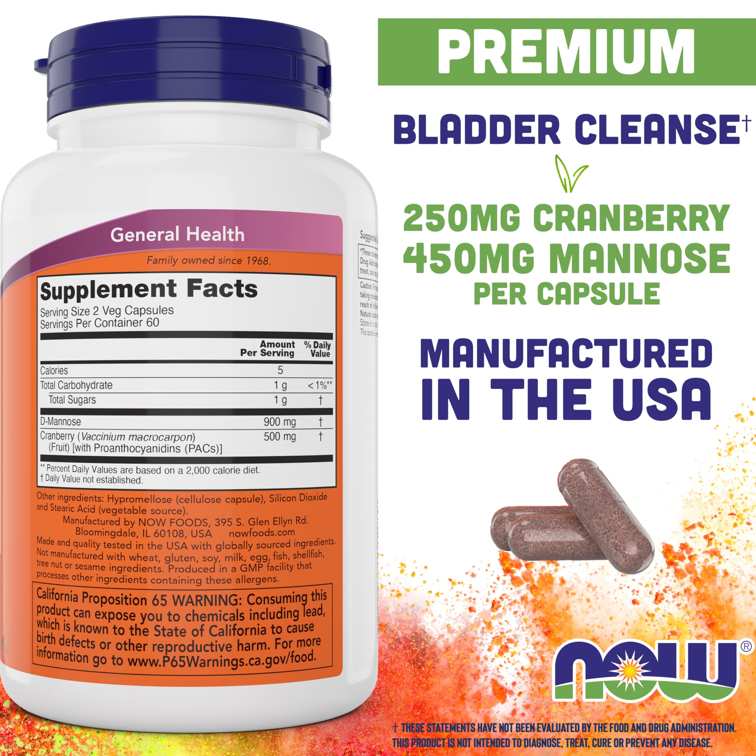 NOW Foods Mannose Cranberry capsules closeup with capsule details