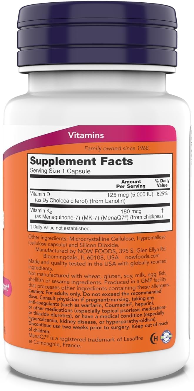 NOW Foods Mega D-3 & MK-7 capsules closeup for easy daily supplement.
