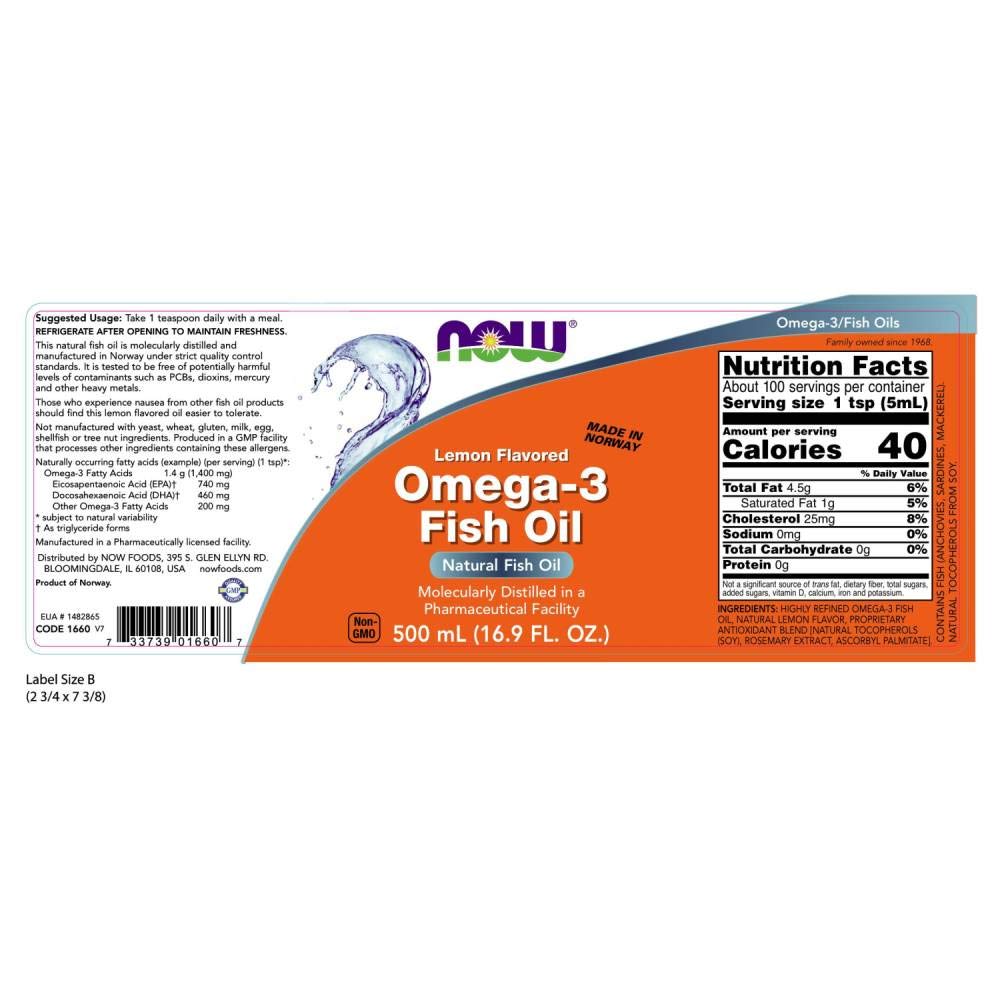 NOW Foods Omega-3 Lemon liquid bottle close-up highlights lemon flavor