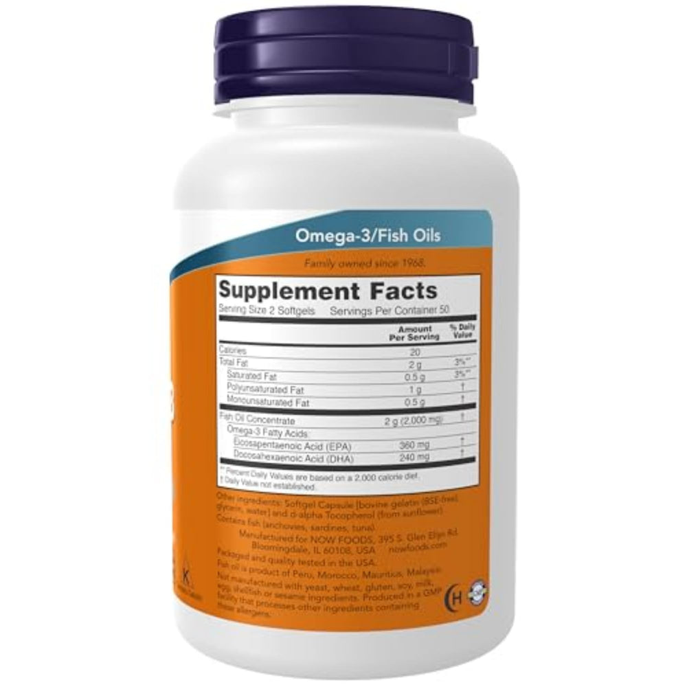 Close-up of NOW Foods Omega-3 softgel capsule showing high EPA and DHA.