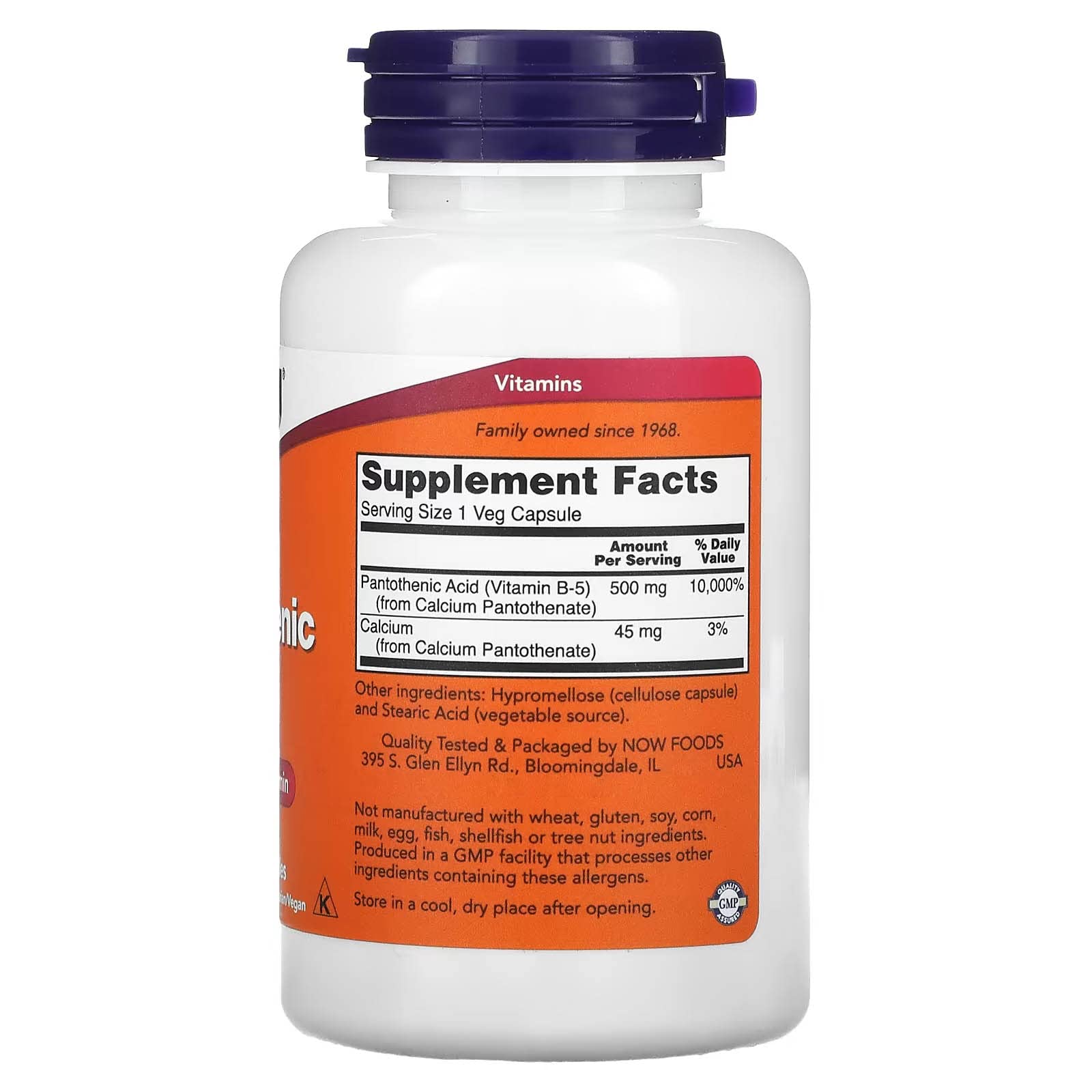 NOW Foods Pantothenic Acid 500mg capsules, non-GMO, everyday wellness.