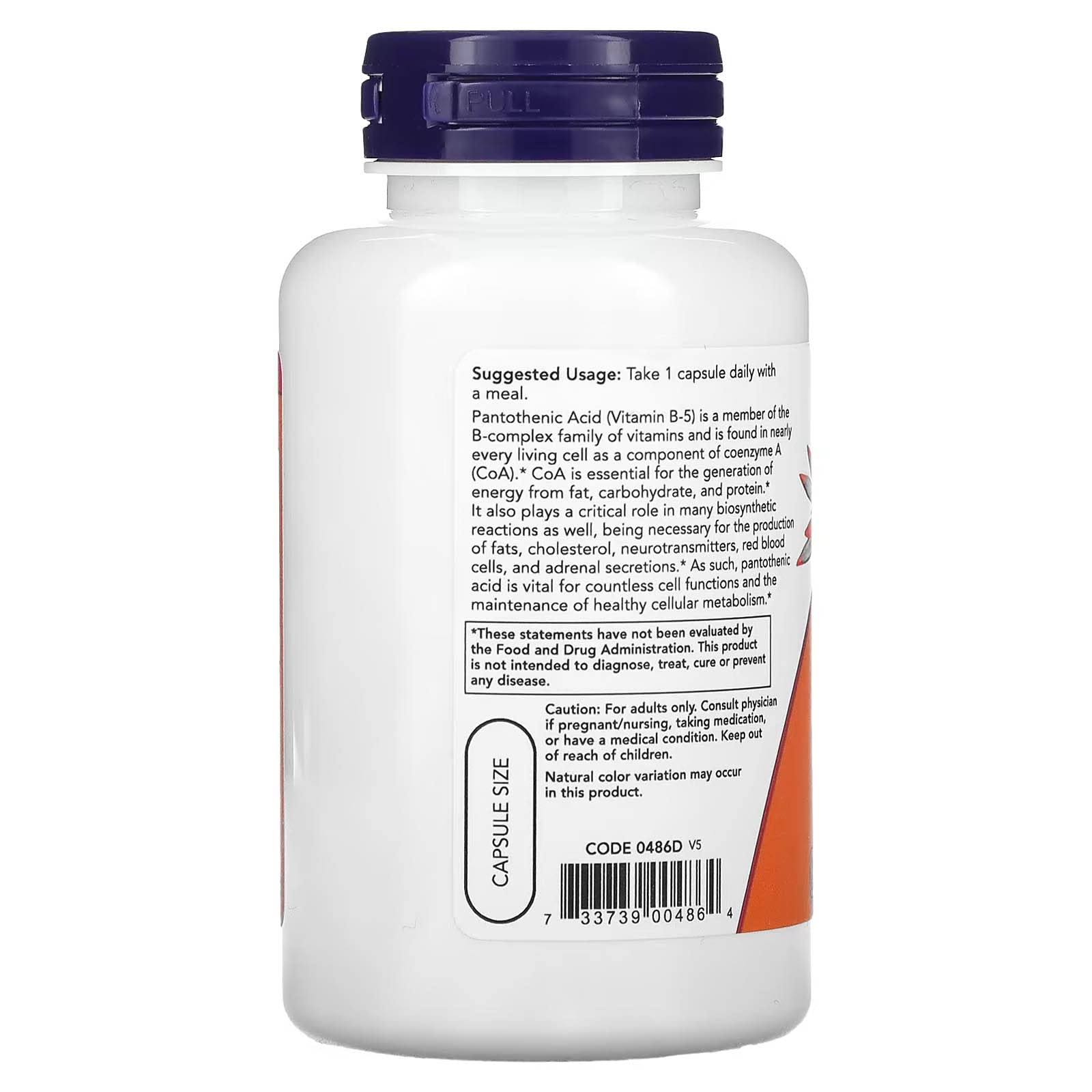 NOW Foods Pantothenic Acid 500mg label close-up highlights GMP quality.
