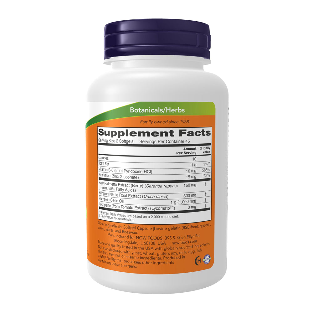 NOW Foods Prostate Support softgels closeup showing convenient capsules for everyday intake