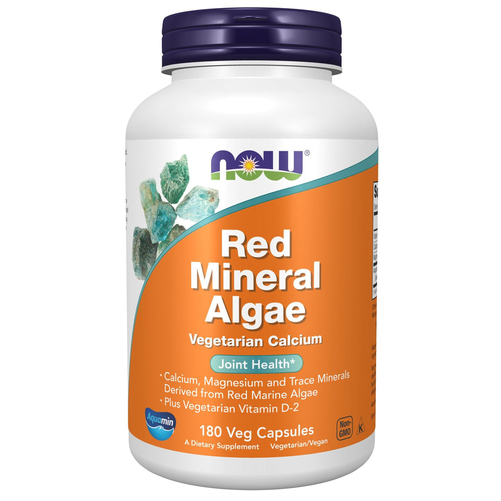 NOW Foods Red Mineral Algae bottle highlights Aquamin for potential bone support.