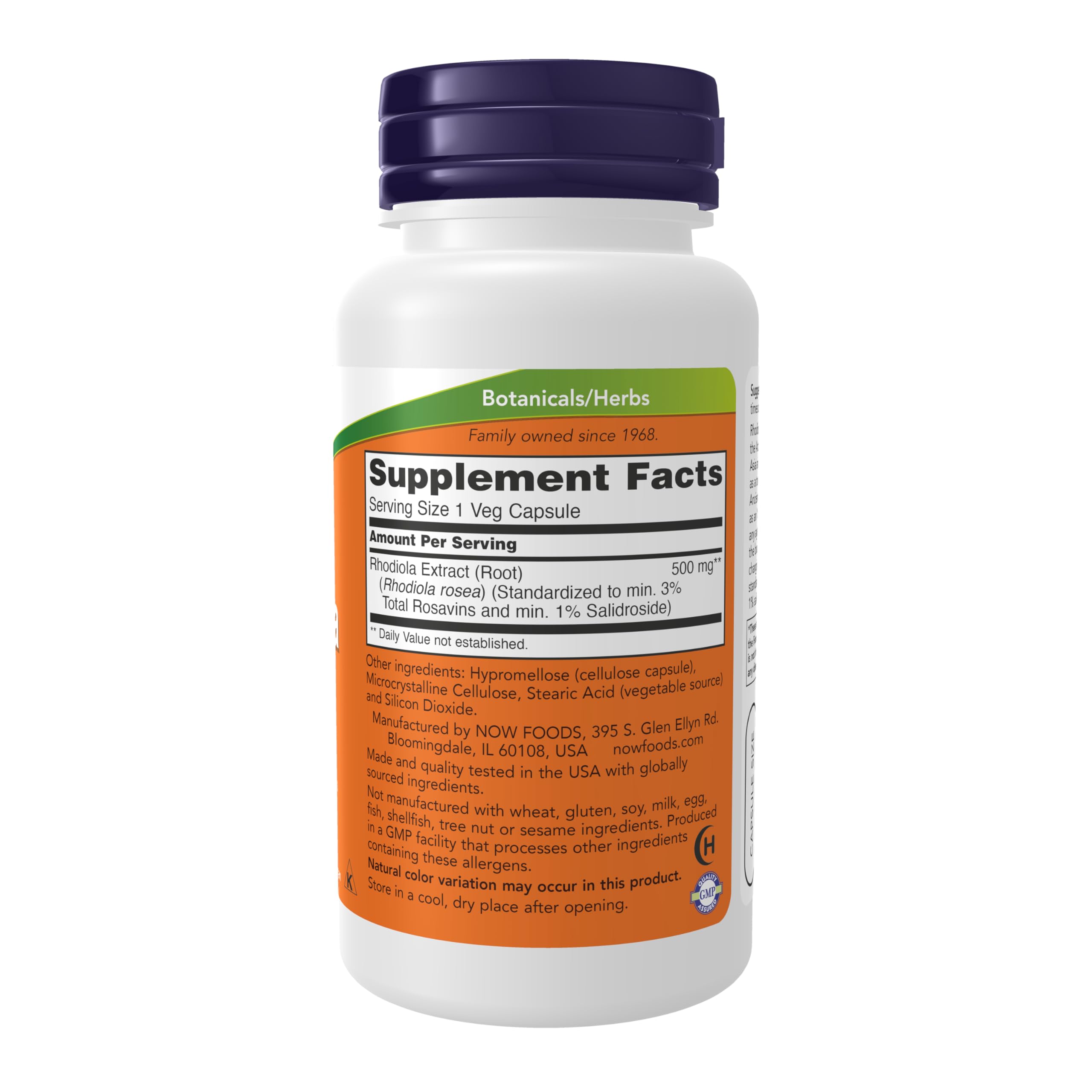 NOW Foods Rhodiola 3% extract label highlighting rosavins and salidroside.
