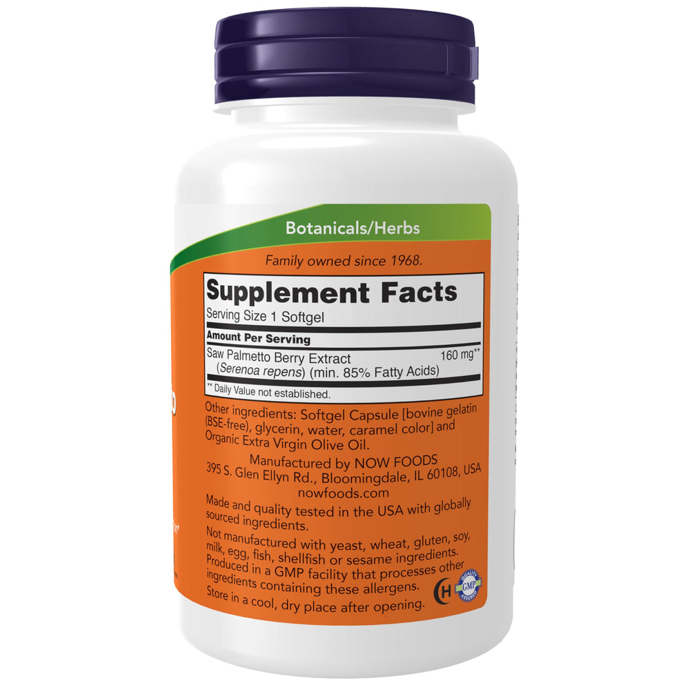 NOW Foods Saw Palmetto softgels closeup; berry-derived components for urinary health support.