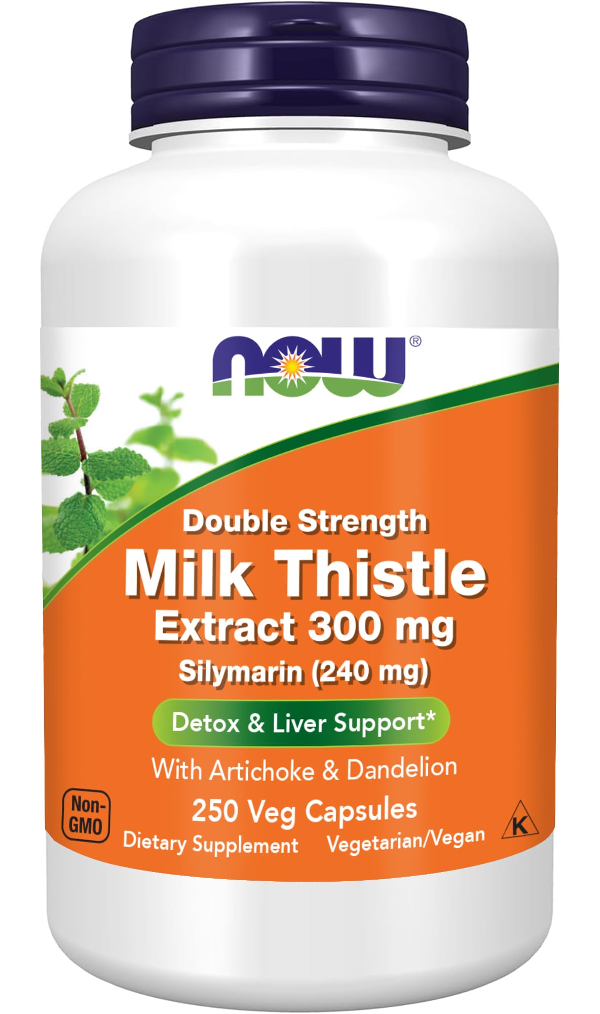 NOW Foods silymarin milk thistle 300mg bottle close-up highlighting packaging for liver support