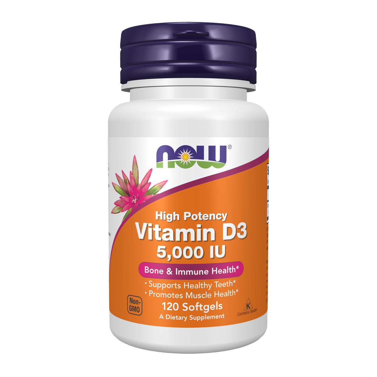 NOW Foods Vitamin D3 5000 IU softgels bottle for high-potency daily supplement
