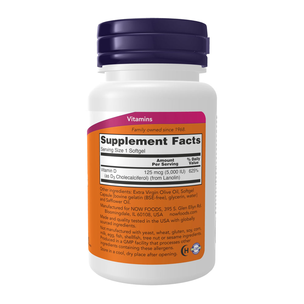 NOW Foods Vitamin D3 bottle label closeup highlighting dosage and features