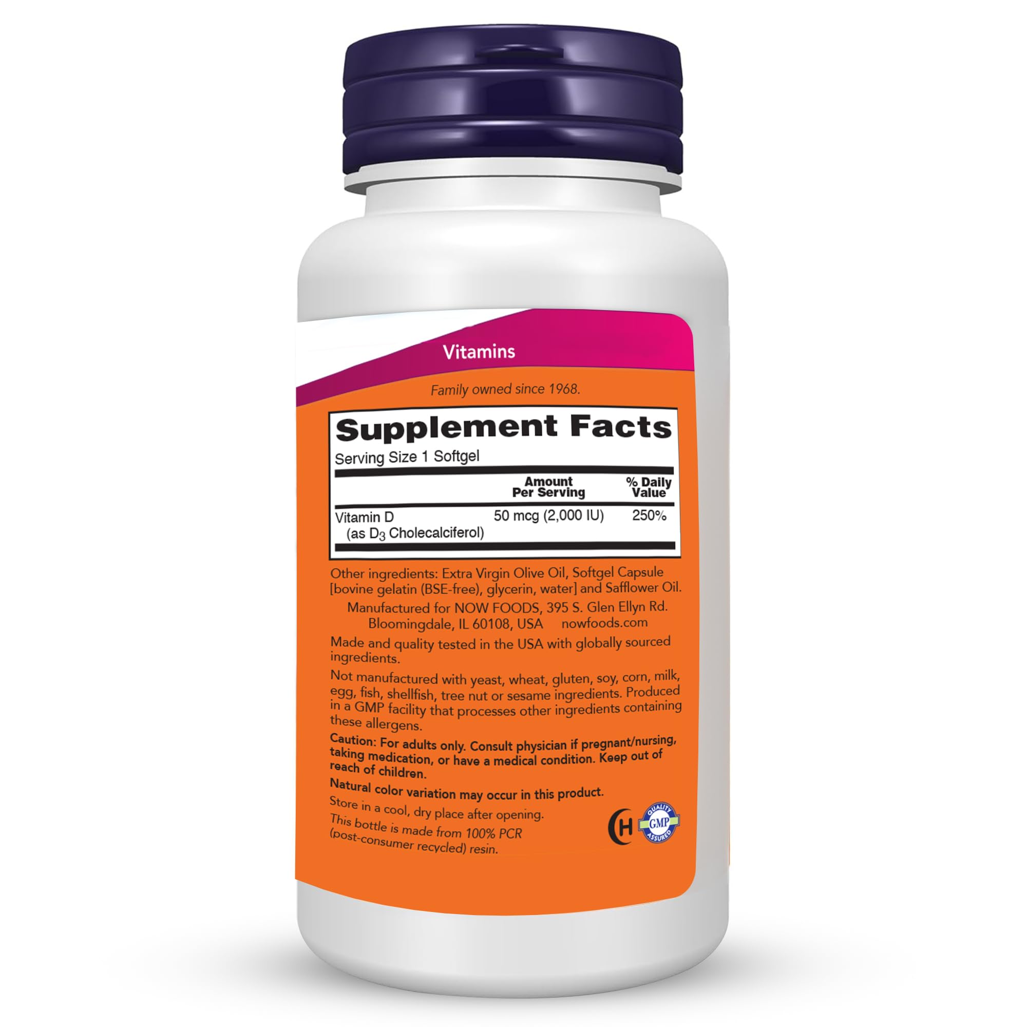 Closeup label of NOW Foods Vitamin D-3 softgels showing potency and dosage