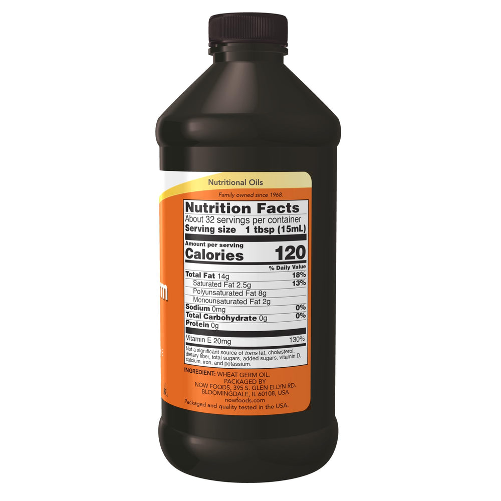 NOW Foods Wheat Germ Oil label closeup highlights natural vitamin E and octacosanol