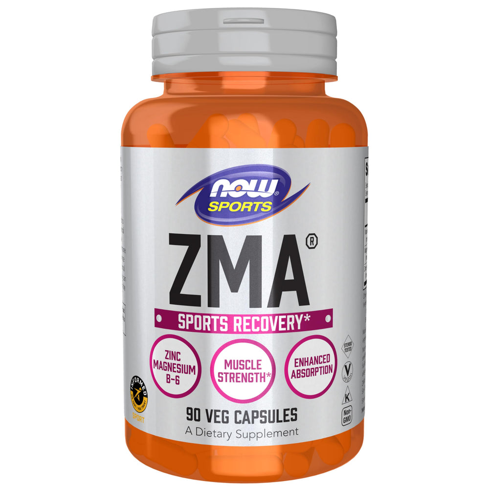 NOW Foods ZMA bottle cap with capsules for post-workout recovery.