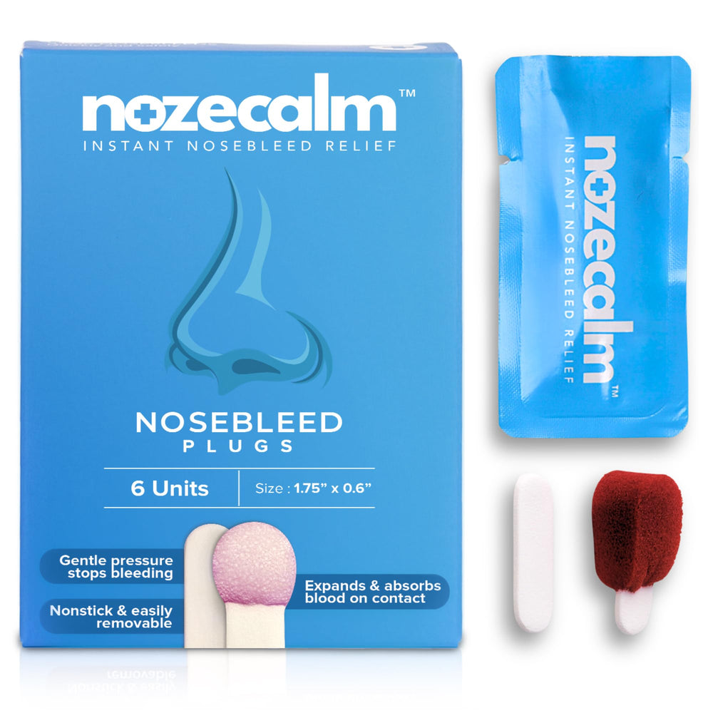 NozeCalm nose bleed stopper packaging shows quick, non-stick relief for emergencies.