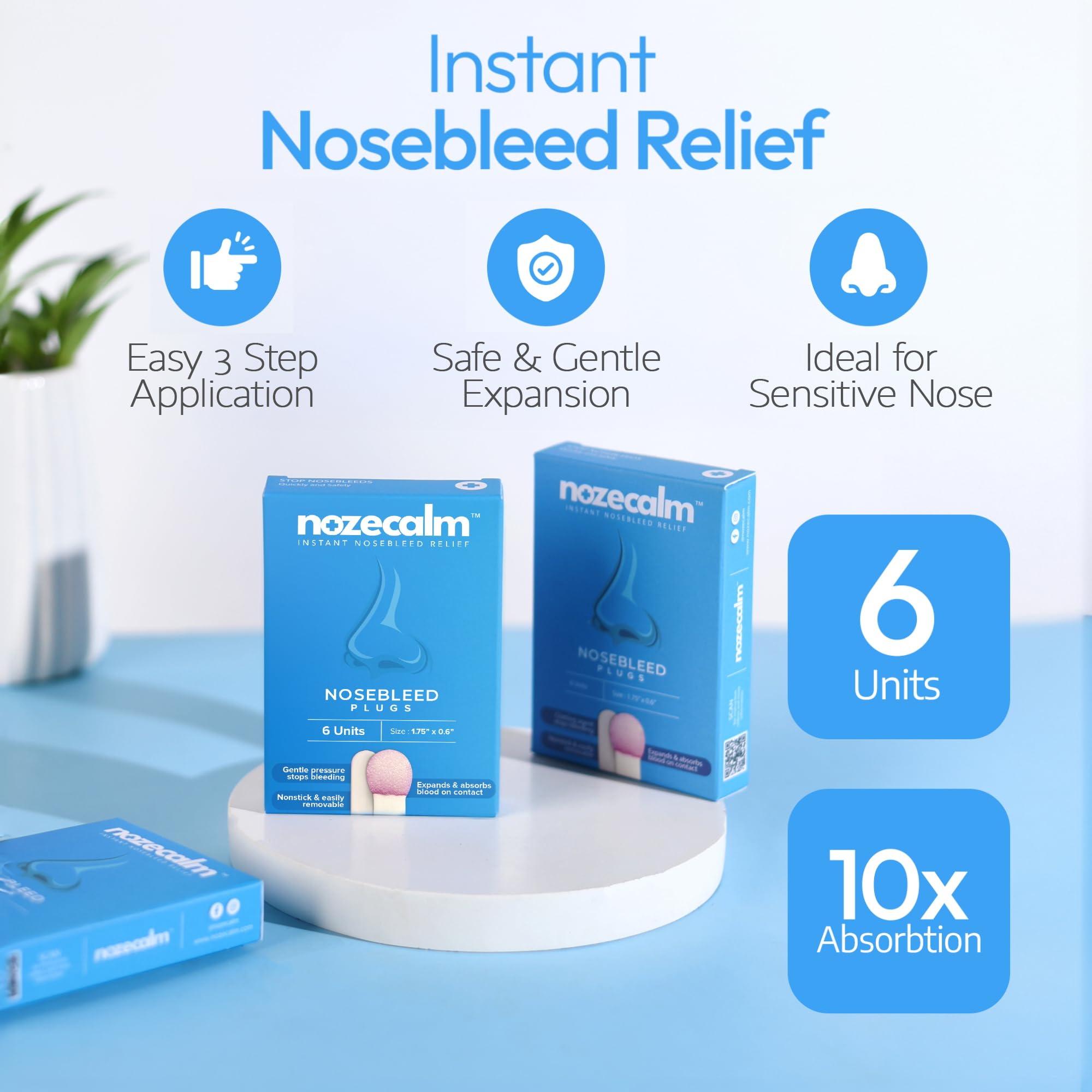 NozeCalm nose bleed plug close-up; gentle, non-stick removal for all ages.