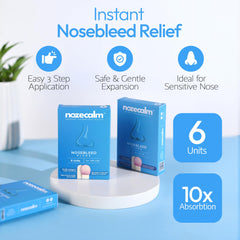 NozeCalm nose bleed plug close-up; gentle, non-stick removal for all ages.