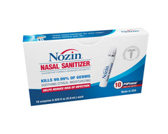Nozin Nasal Sanitizer box with ten popswab ampules for daily hygiene.