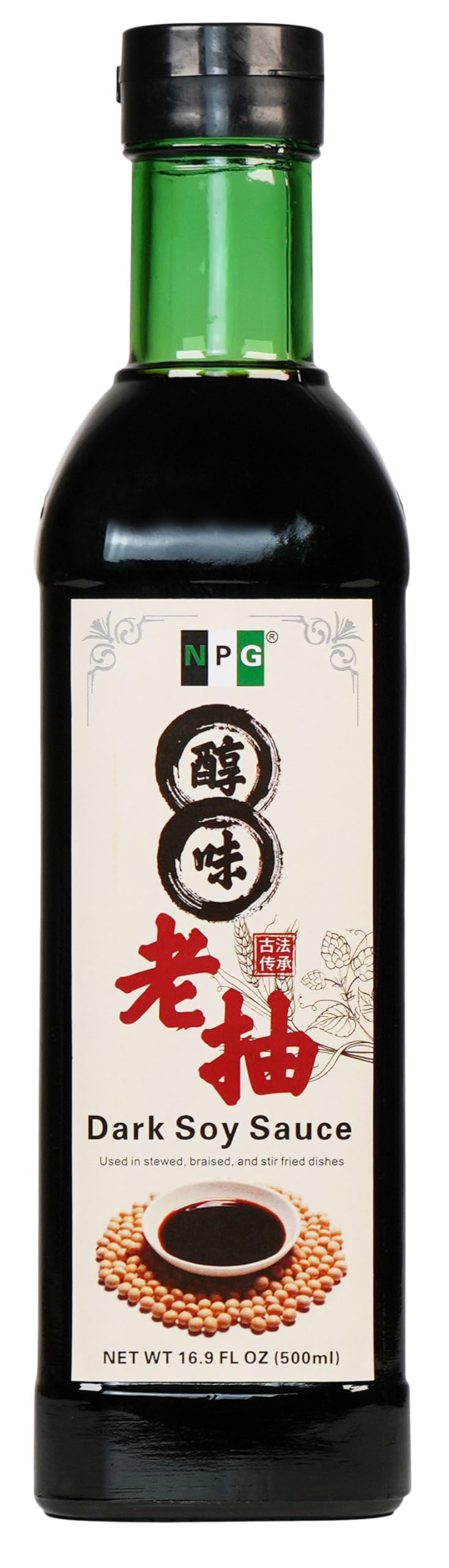NPG Premium Dark Soy Sauce glass bottle showing rich color and premium packaging.