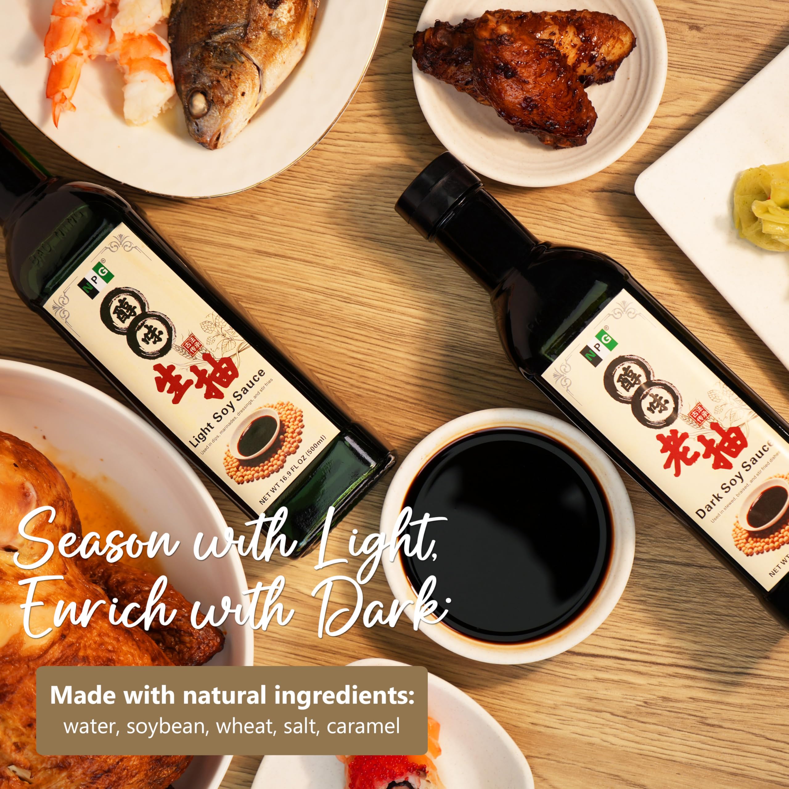 Kitchen scene featuring NPG Premium Dark Soy Sauce on the worktop.