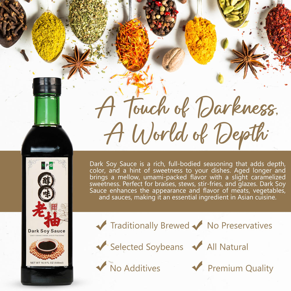 Tabletop dining with NPG Premium Dark Soy Sauce adding color to meals.