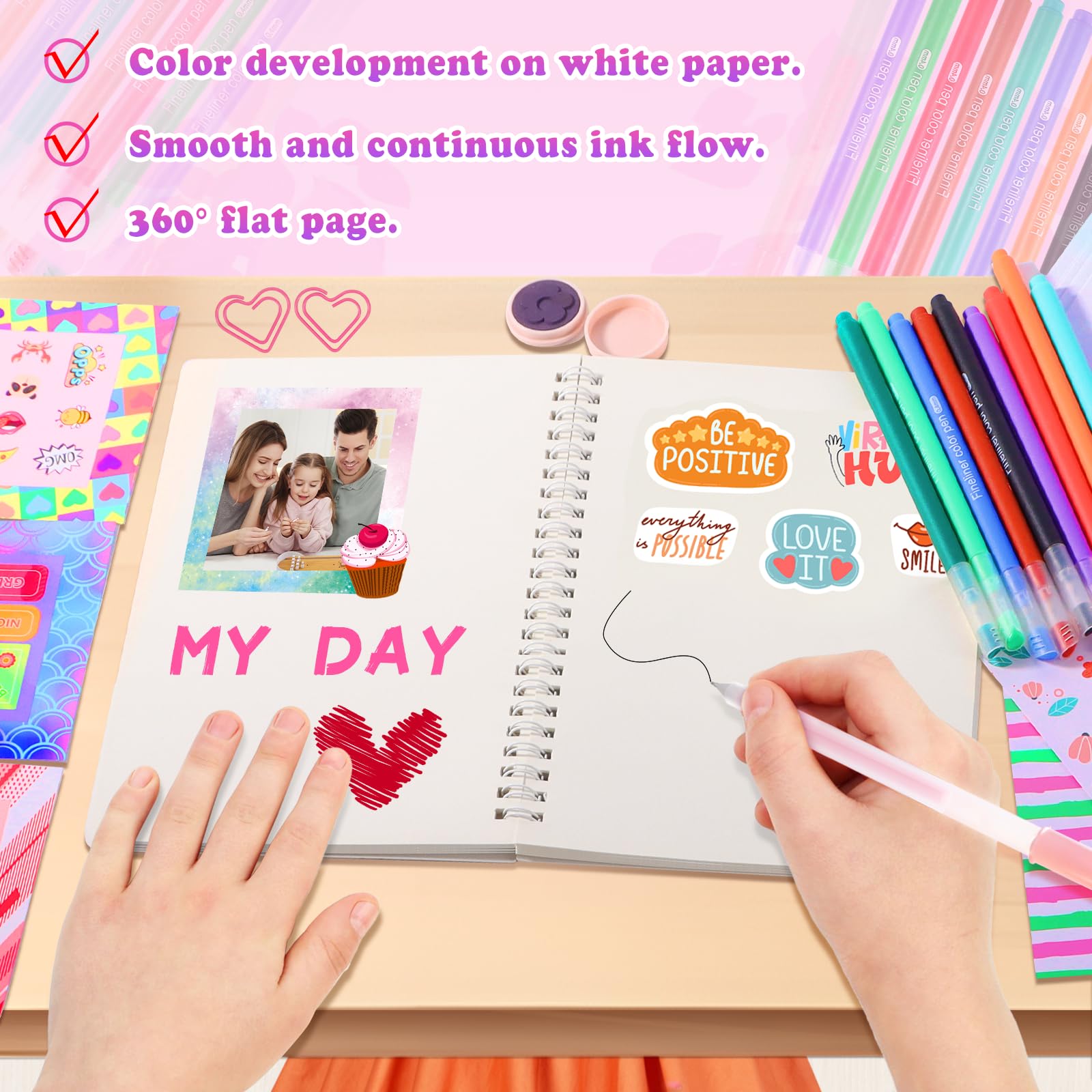 Nsrzua DIY Journal Kit colored pens and decorative elements in action for crafts.