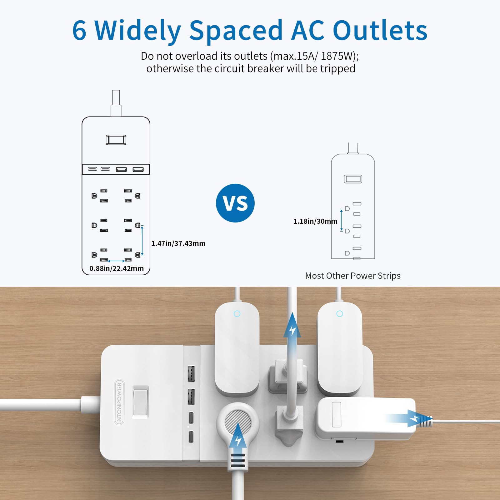 NTONPOWER 3-prong outlet adapter included for easy upgrades.