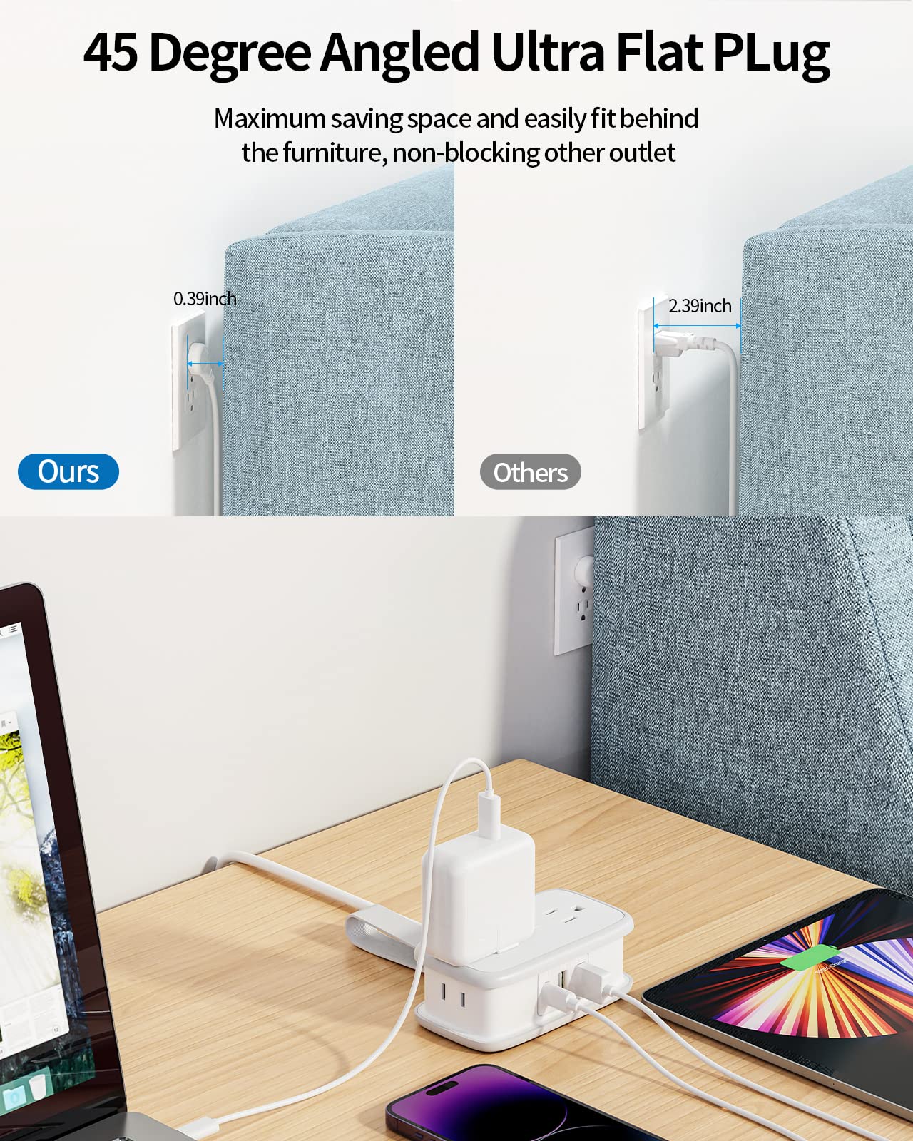 NTONPOWER four foot cord offers flexible placement in hotel rooms.