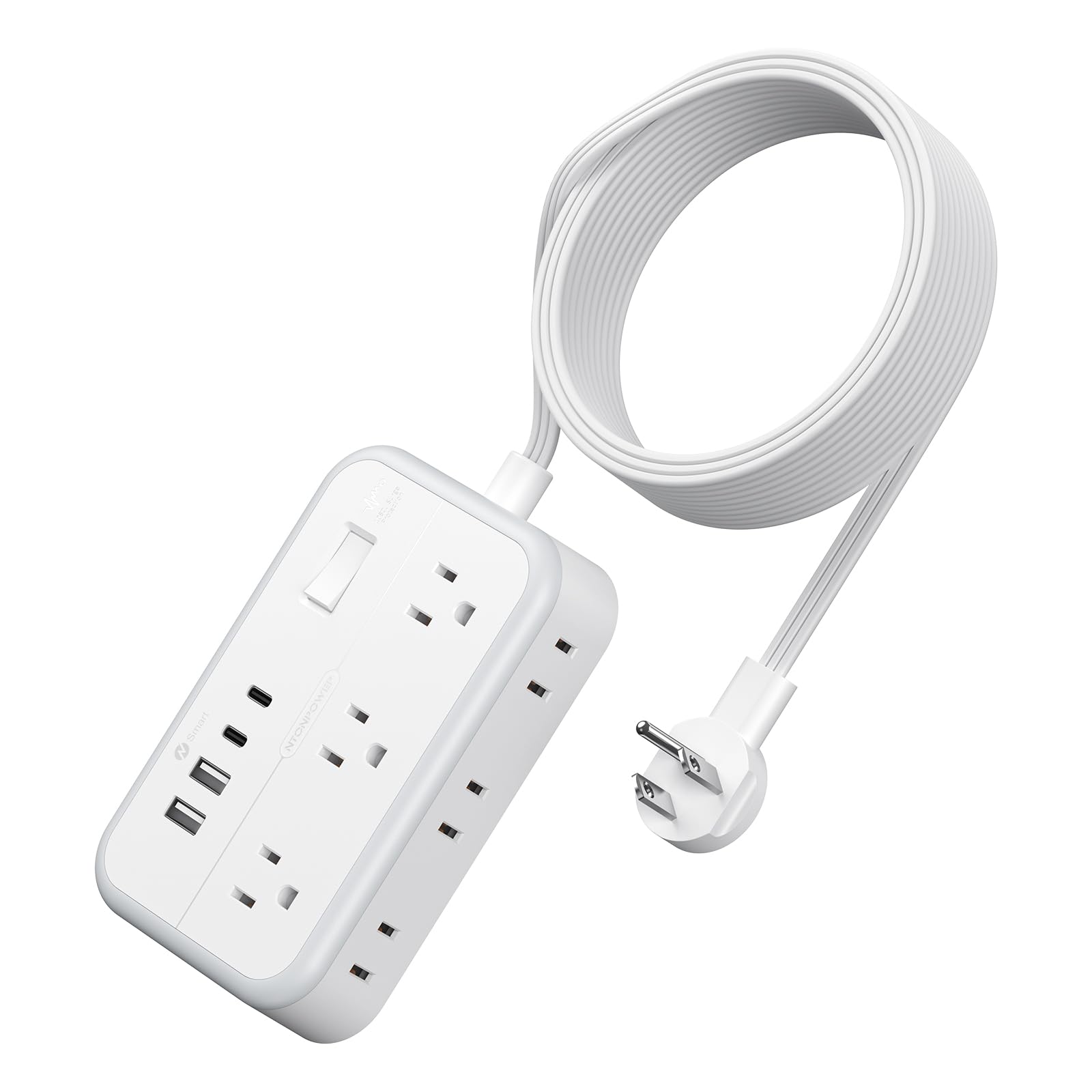 NTONPOWER extension cord with flat plug for behind furniture and tight spaces.