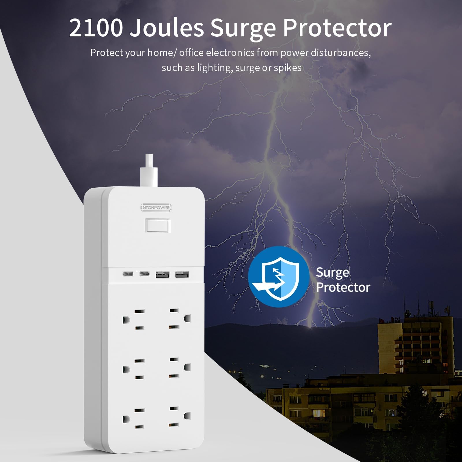 NTONPOWER 10ft flat cord reaches distant outlets with ease.