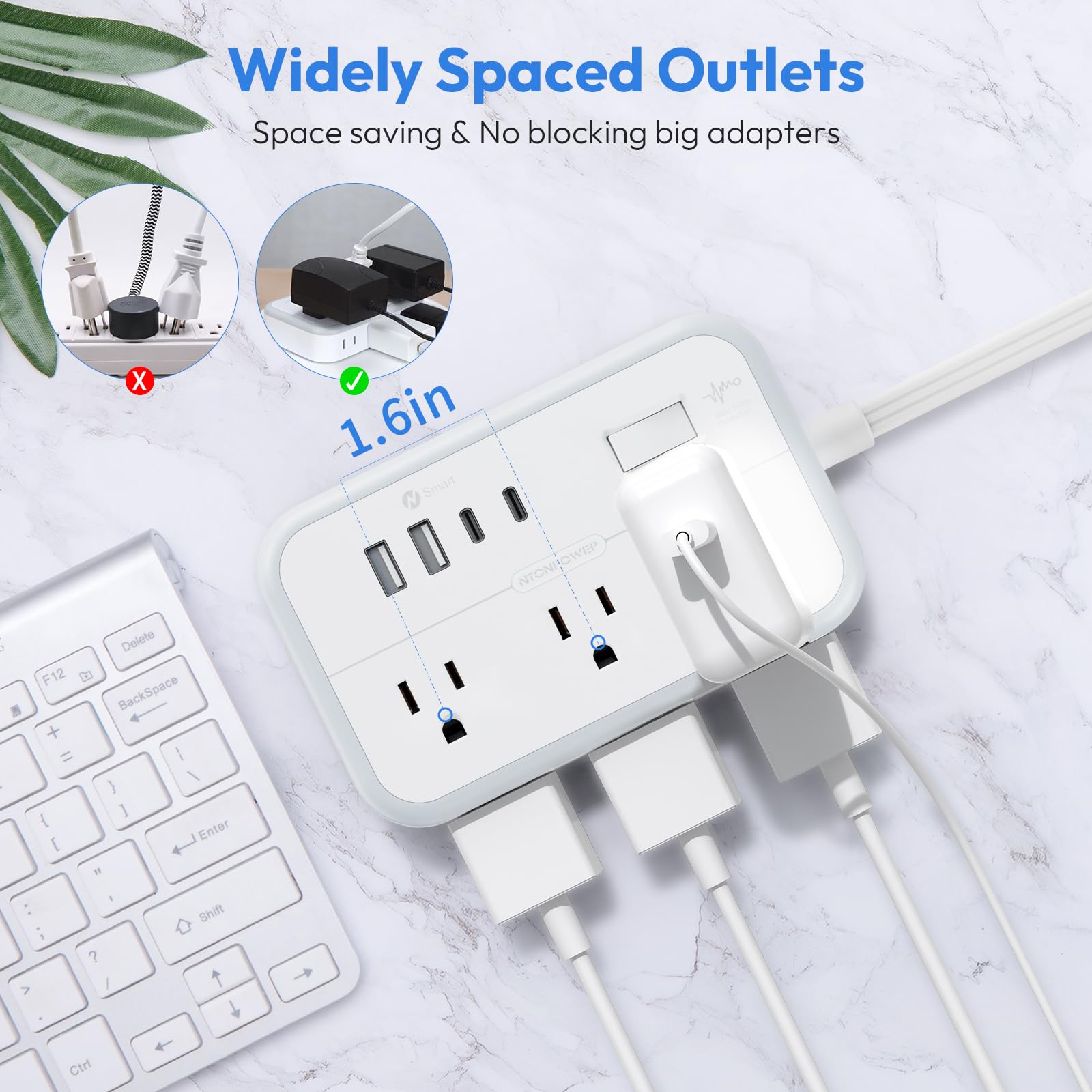 NTONPOWER flat plug angled design fits behind desks without blocking outlets.