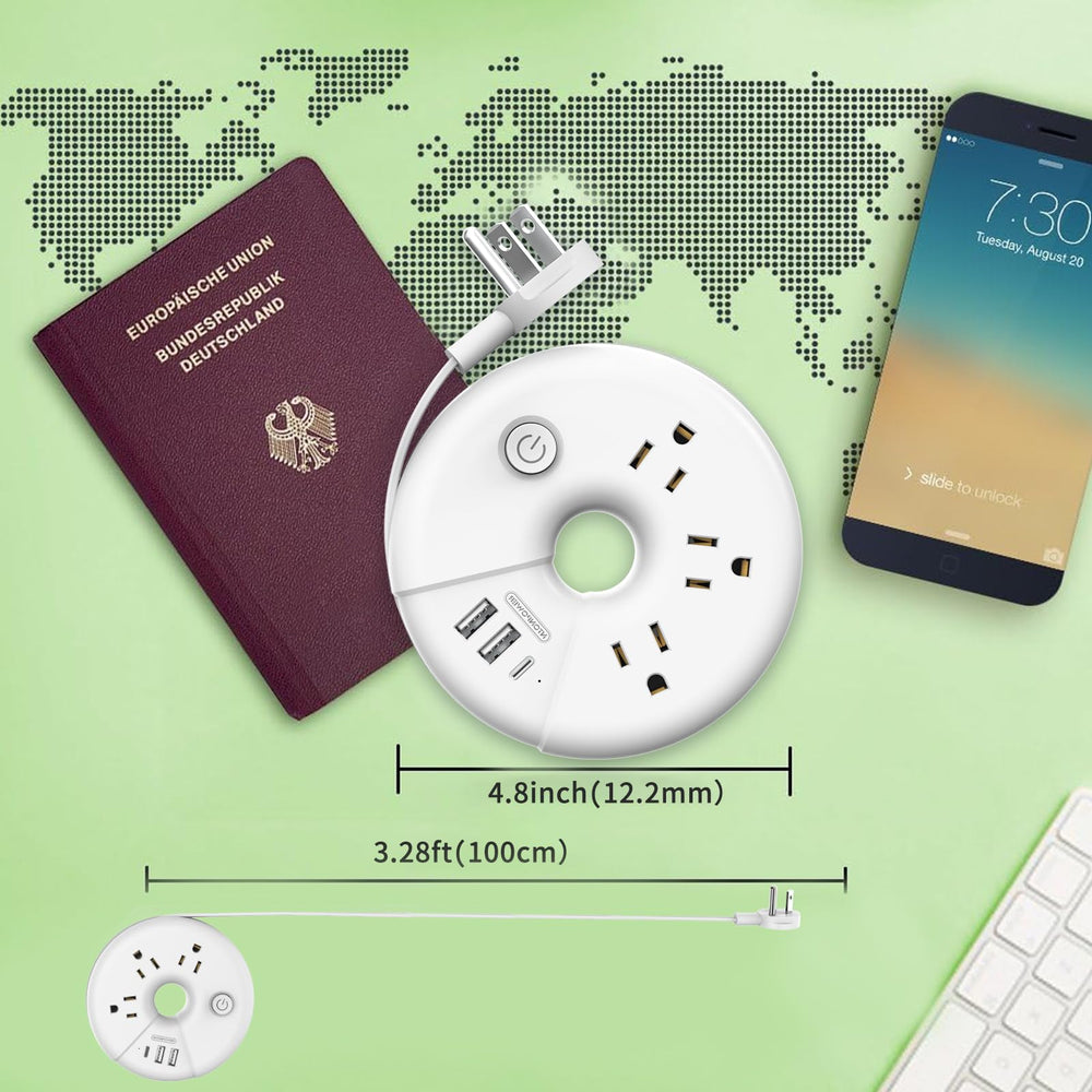 NTONPOWER compact 3ft extension cord keeps outlets reachable while traveling