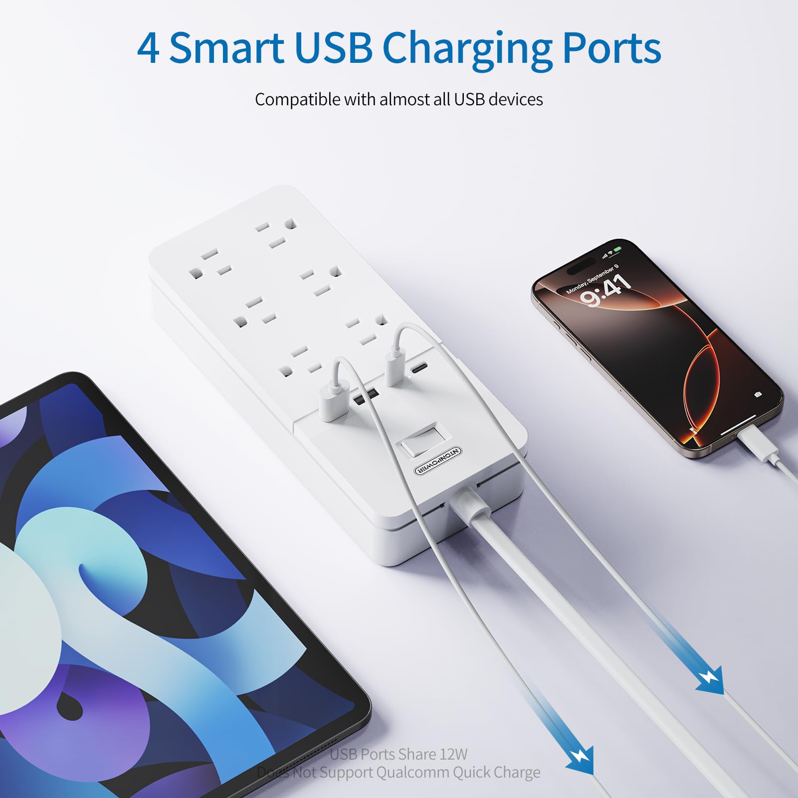 NTONPOWER six outlets and four USB ports for multiple devices.