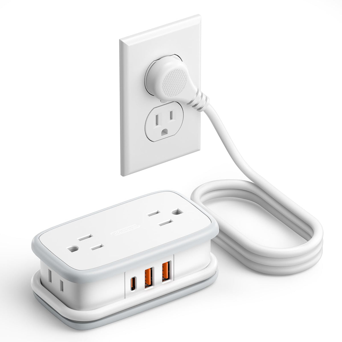 NTONPOWER travel power strip with four outlets and three USB ports for hotel room charging.