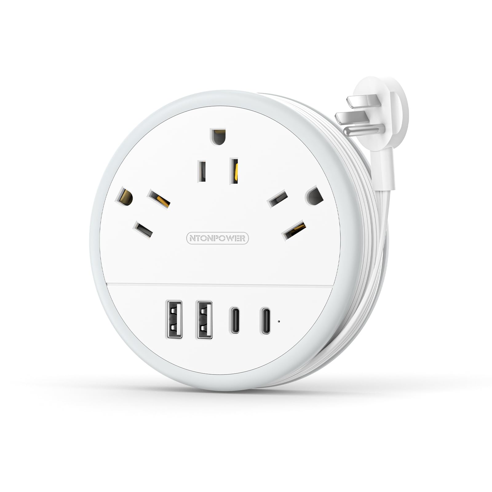 NTONPOWER travel power strip with a compact wrap-around cord for easy packing