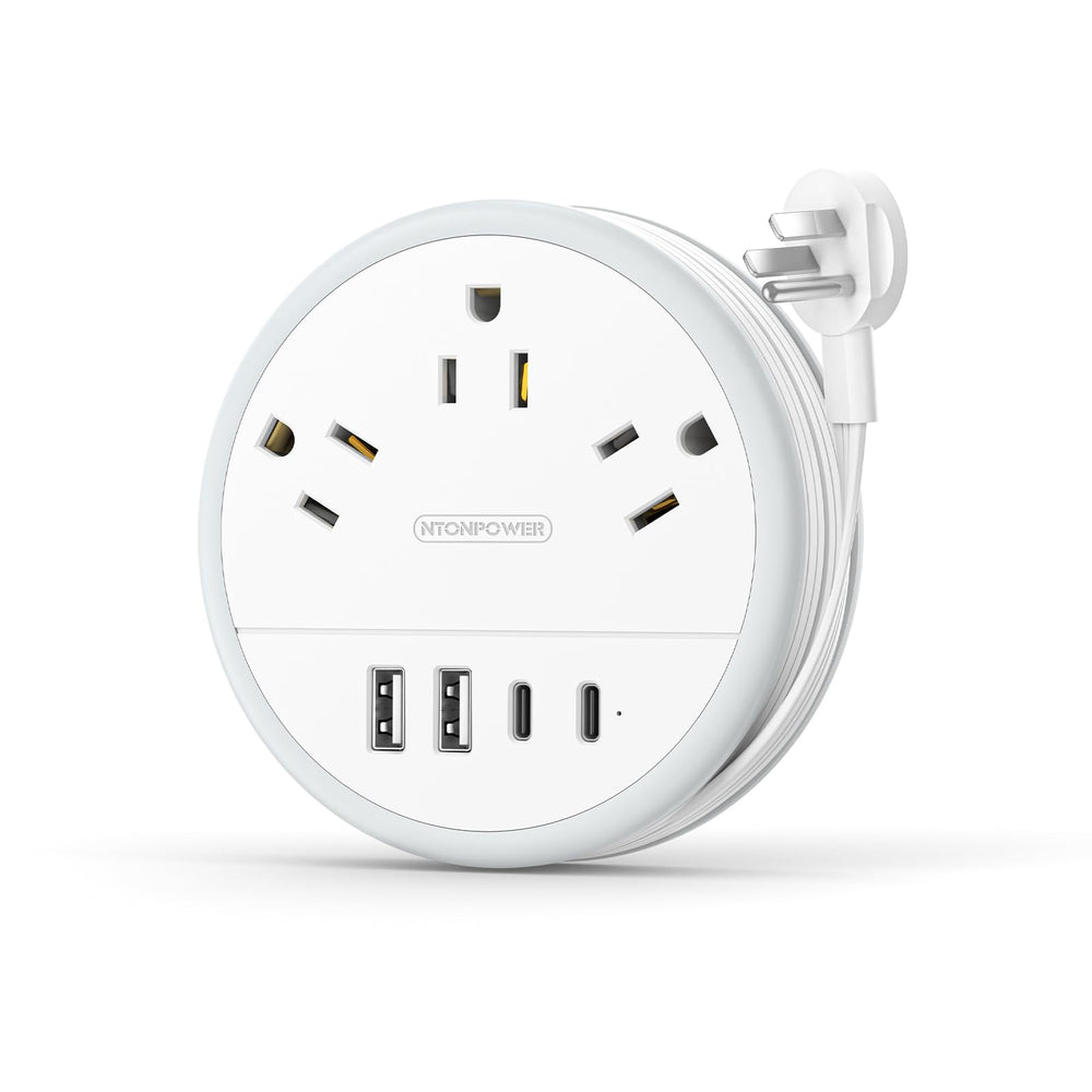 NTONPOWER travel power strip with a compact wrap-around cord for easy packing