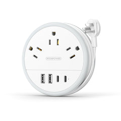 NTONPOWER travel power strip with a compact wrap-around cord for easy packing