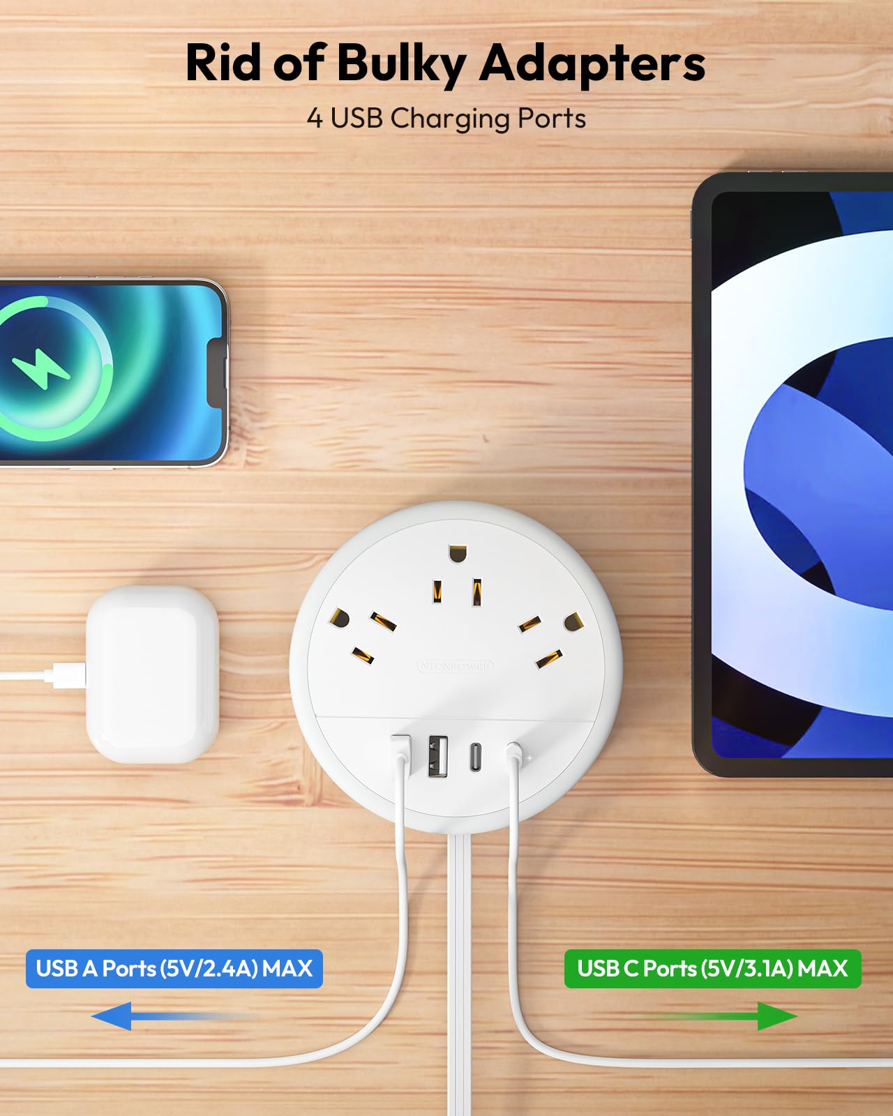 NTONPOWER travel power strip showing USB-C ports for quick charging on the go