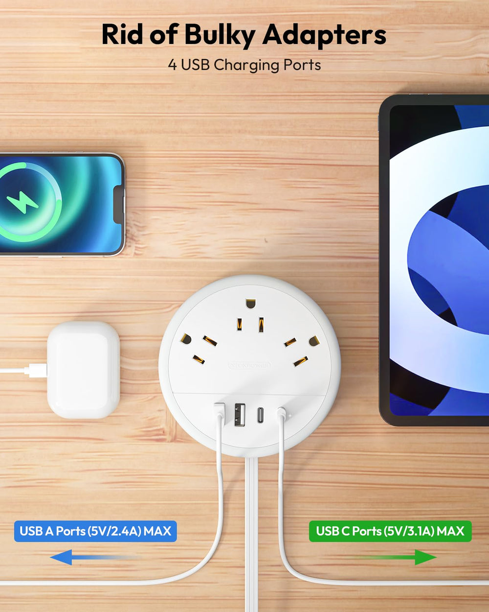 NTONPOWER travel power strip showing USB-C ports for quick charging on the go