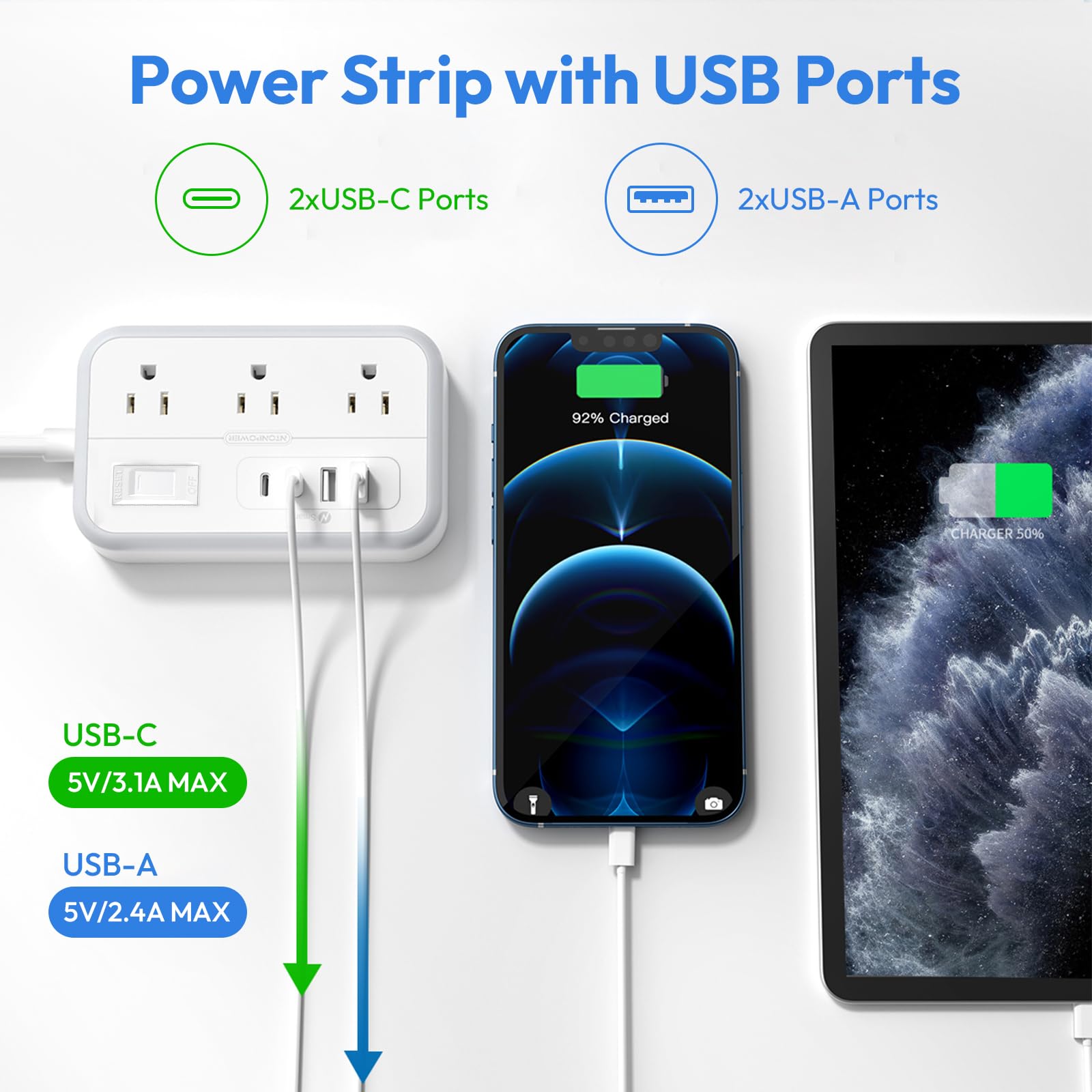 NTONPOWER USB ports with smart IC for auto-detected charging speeds.