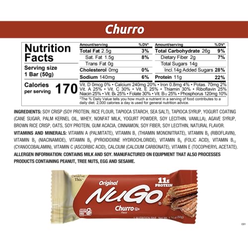 NuGo Churro protein bar with real milk chocolate coating, satisfying cravings