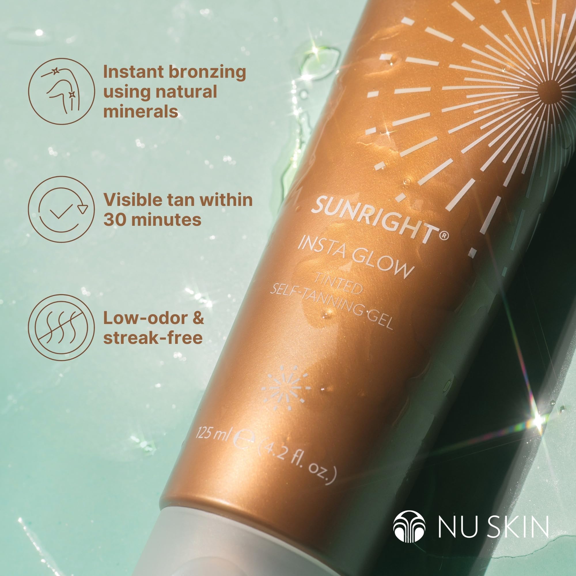 Nu Skin Sunright hands applying gel shows mess-free, quick-drying results