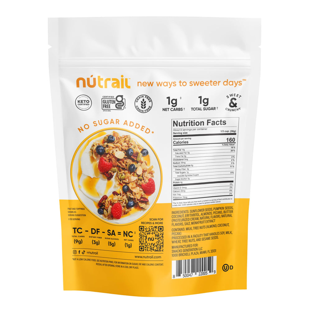 NuTrail Honey Nut Granola close-up shows nuts and seeds for texture.