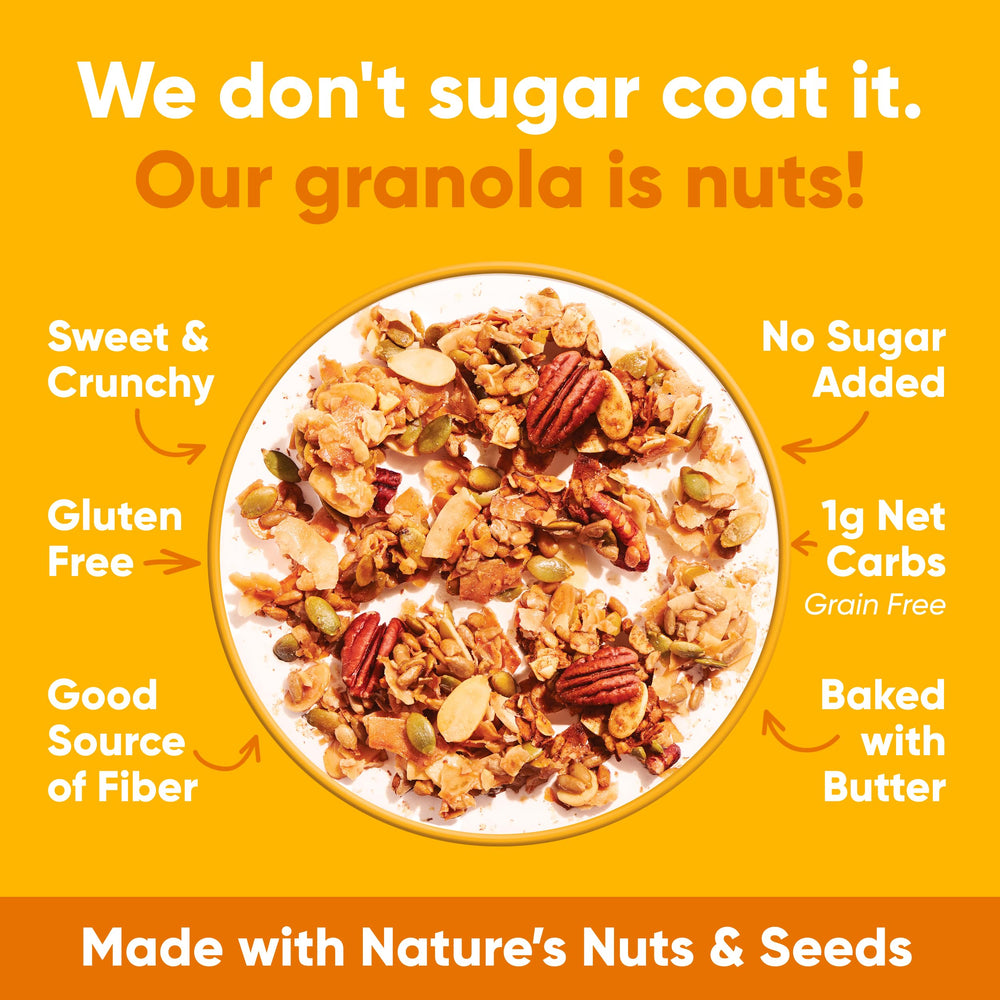 NuTrail Honey Nut Granola dry cereal with spoon ready for breakfast.