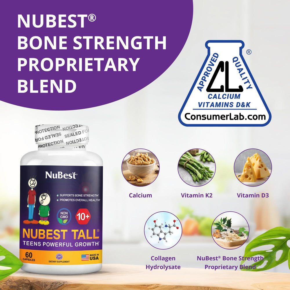 NuBest Tall 10+ bottle back highlights dosage information and safety-focused design.