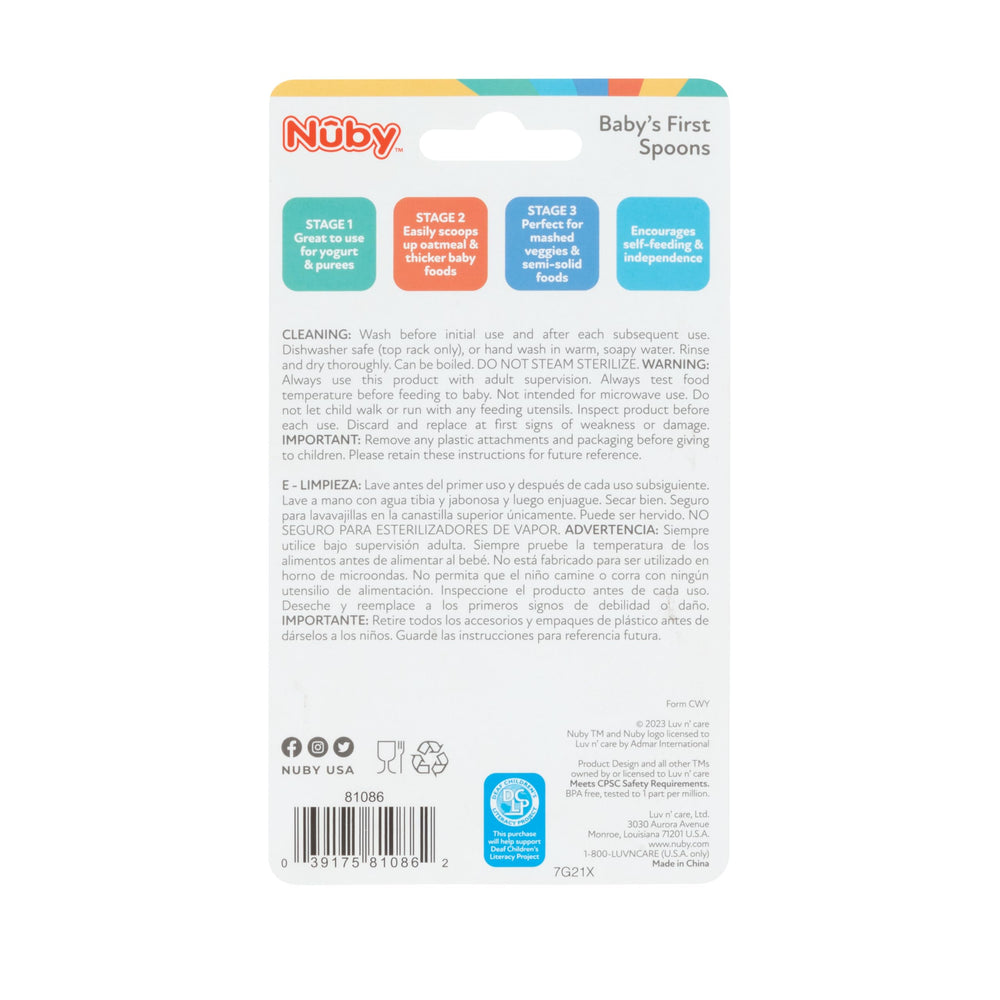 Nuby Baby's First Spoons ideal for home or on the go feeding.