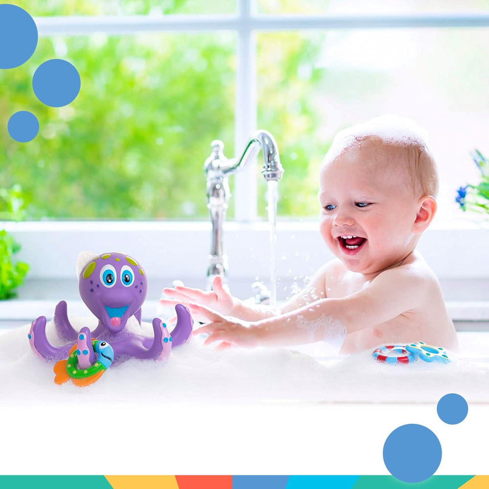 Nuby bath toy promotes early shape recognition and cause and effect through play.
