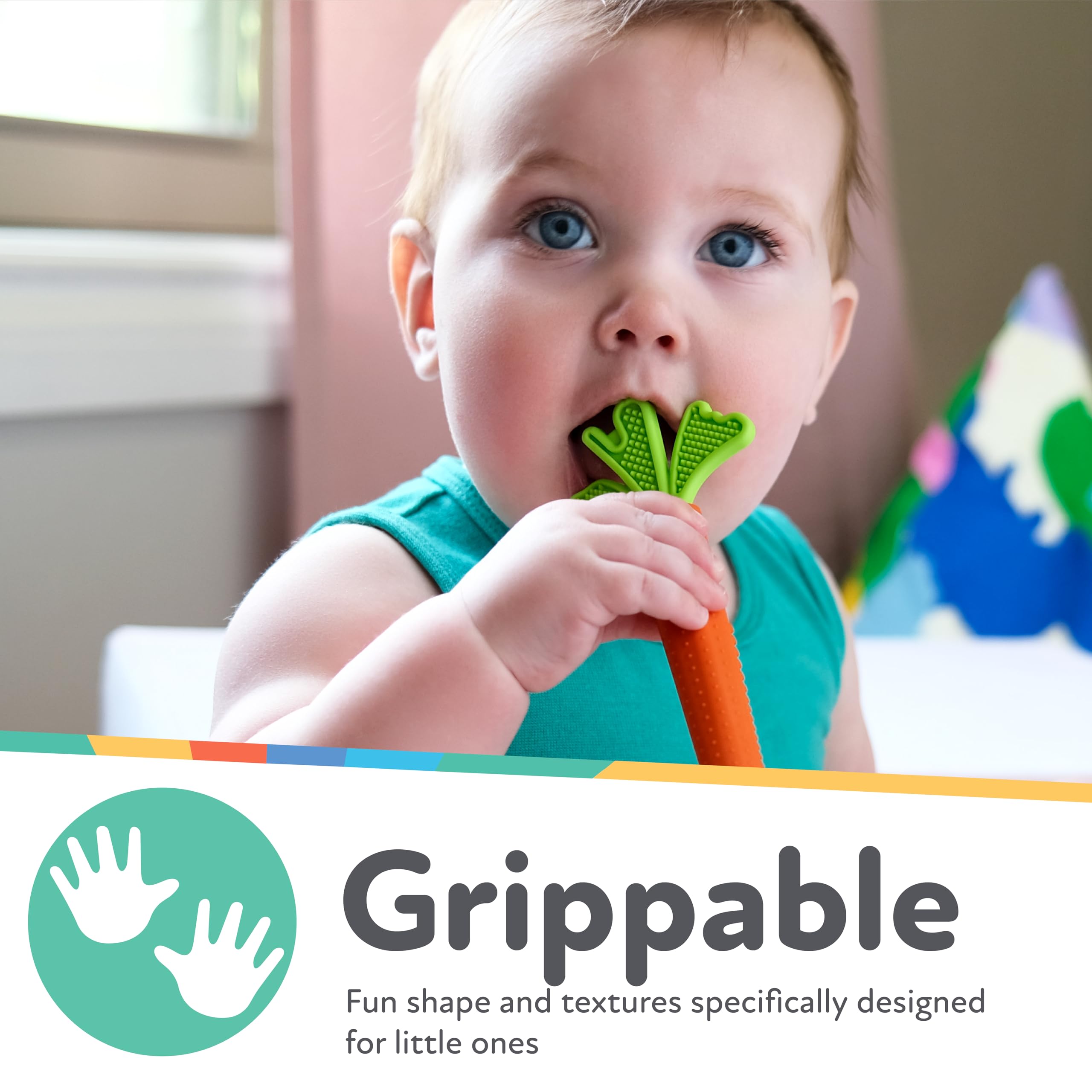 Nuby carrot teether tucked in a diaper bag for on the go relief