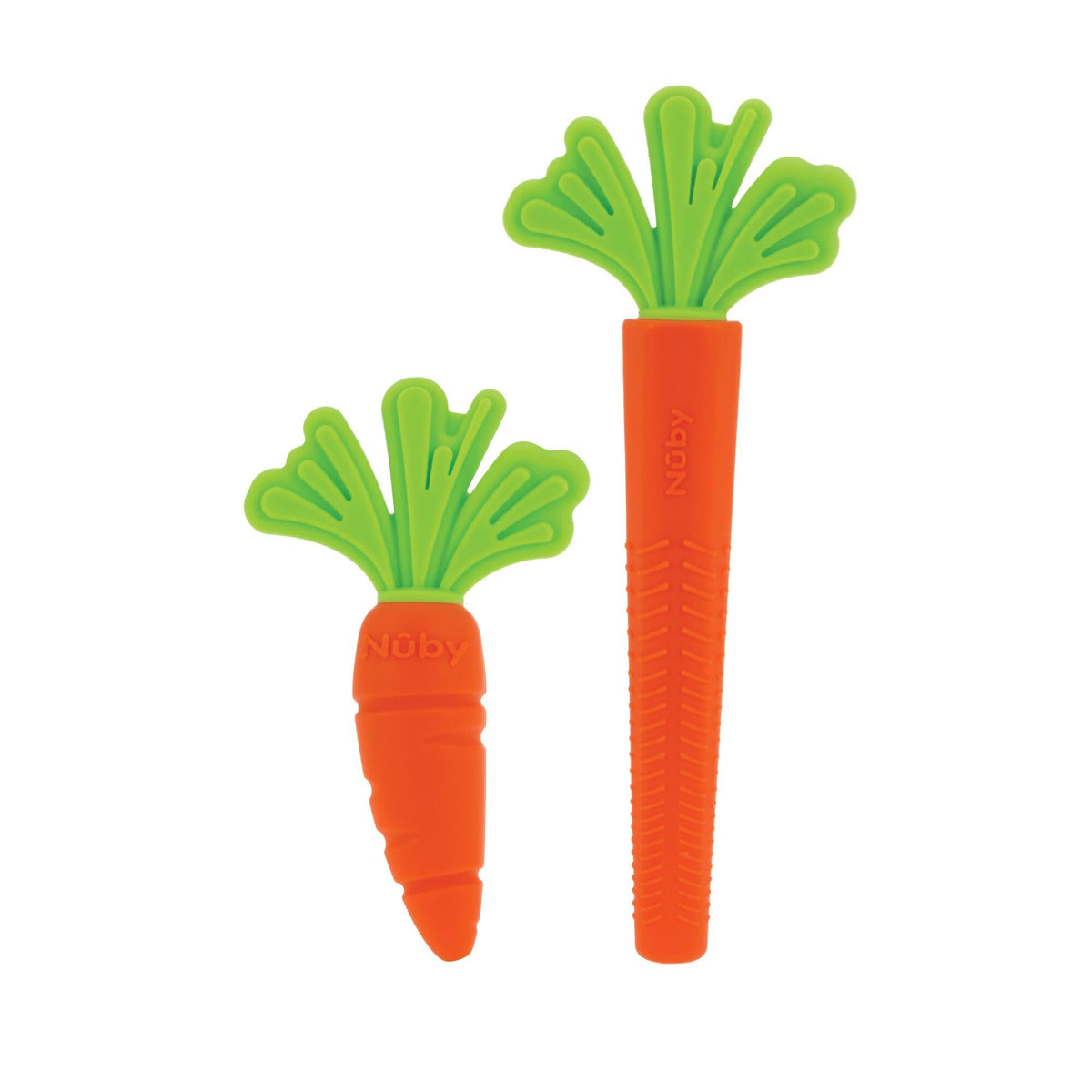 Nuby carrot teether close-up showing soft silicone texture for gentle gum relief
