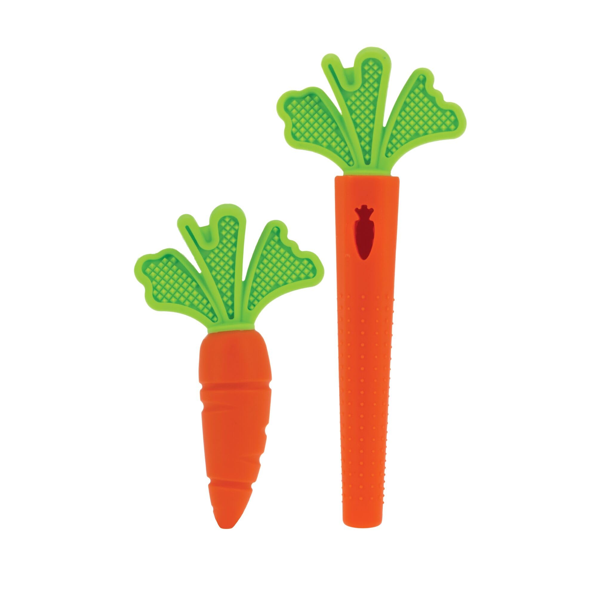 Nuby carrot tube teether close-up highlighting varied textures for gum massage